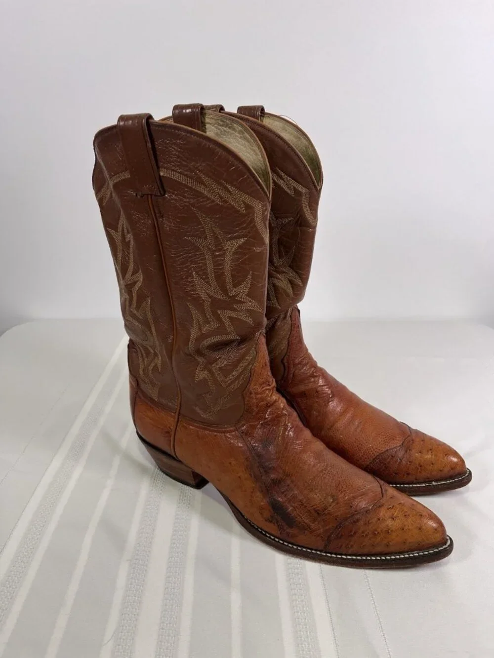 VTG 90s Tony Lama Full Quill Ostrich Cowboy Boots Brown Western Size 13 D USA